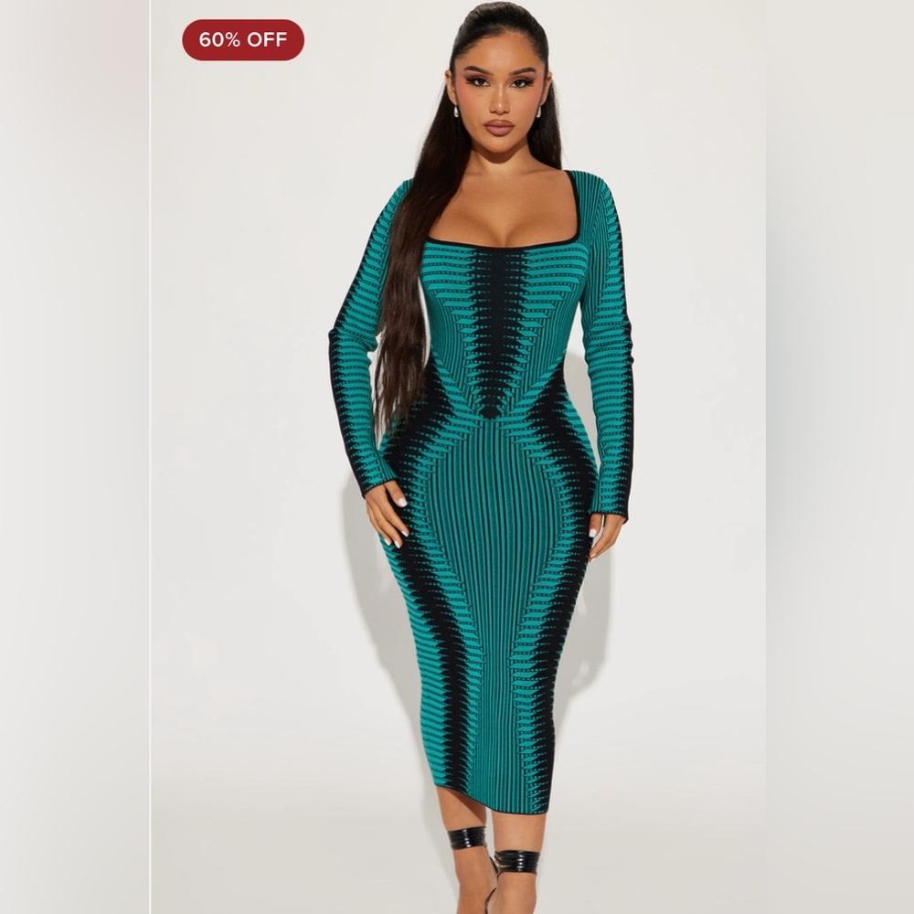 Fashion Nova Teal and Black Long-Sleeve Bodycon Midi Dress